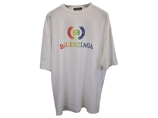 T-shirt Balenciaga Laurier Rainbow Logo in cotone bianco  ref.1014701