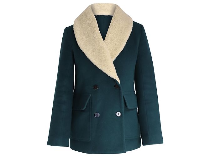 Sandro Paris Double-Breasted Coat in Green Wool