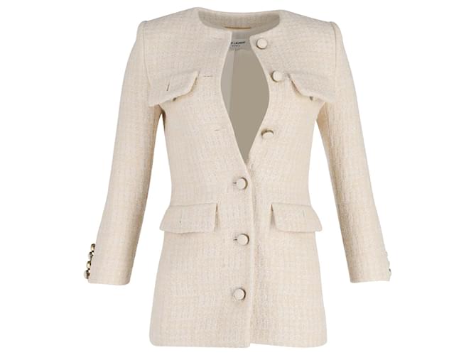 Saint Laurent Collarless Tweed Jacket in Beige Cotton ref.1014734