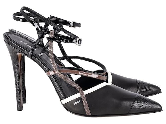 Fendi Pointed Toe Ankle Strap Pumps Black Leather and Lizard Embossed Leather  ref.1014763