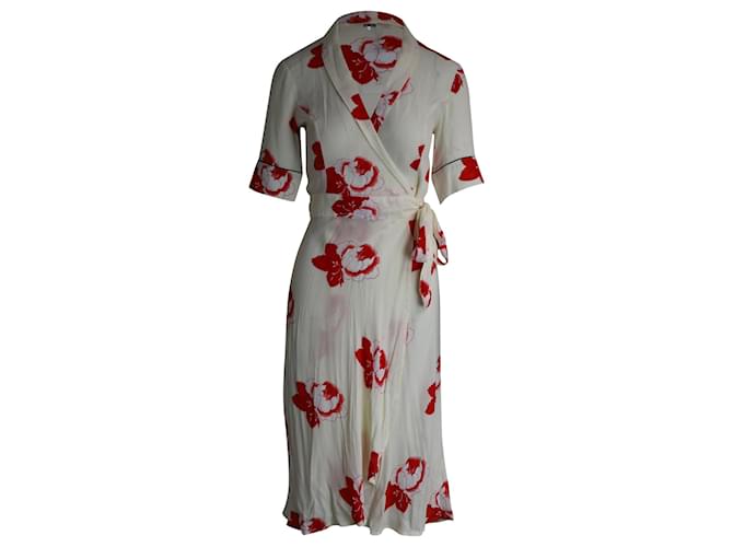 Ganni Midi Wrap Dress in Cream Floral Print Viscose White Cellulose fibre  ref.1014774