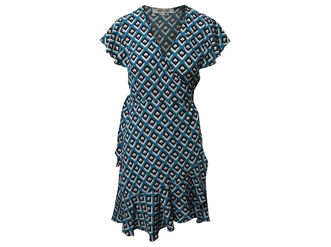 Diane Von Furstenberg Ruffled Cubic Print Wrap Dress in Blue Viscose Cellulose fibre  ref.1014778