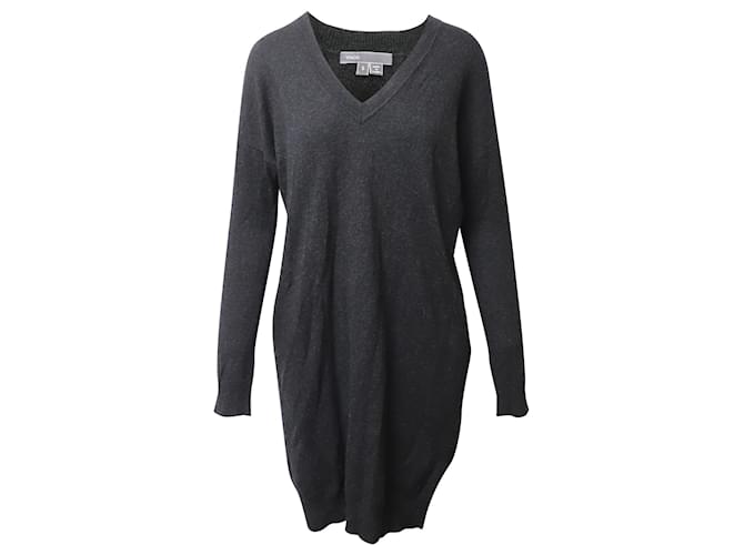 Vince Long-Sleeve V-Neck Sweater Dress w/ Pockets in Dark Grey Wool   ref.1014787