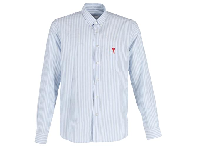 AMI Paris Camicia button-down con logo Ami de Coeur a righe in cotone azzurro e bianco Blu Blu chiaro  ref.1014839