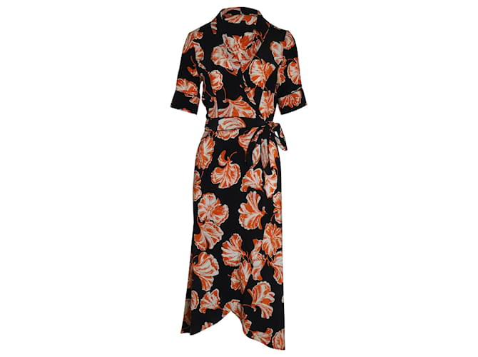 Ganni Midi Wrap Dress in Black and Orange Silk Multiple colors  ref.1014875