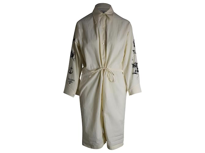 Prada Printed Chambray-Canvas Jumpsuit In White Cotton Cream  ref.1014901