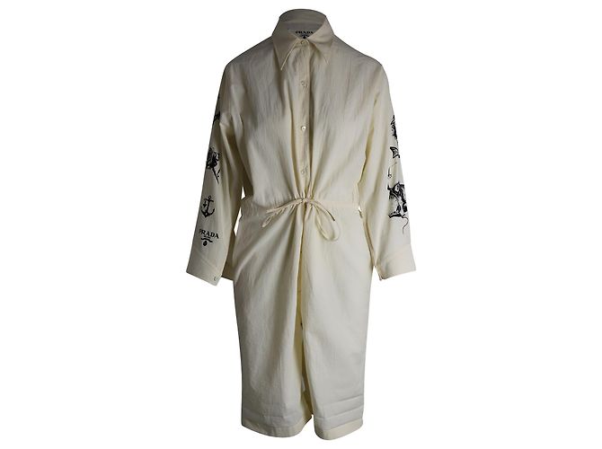 Tuta Prada In Chambray-Canvas Stampata In Cotone Bianco Crudo