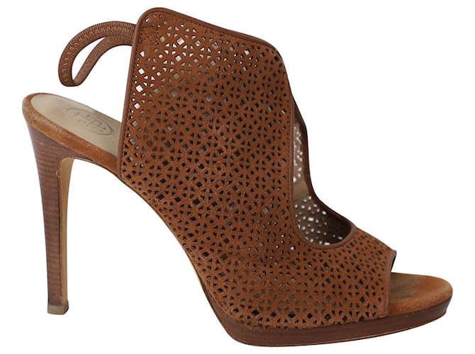 Tory Burch Laser Cut Peep-Toe Sandals in Brown Leather  ref.1014997