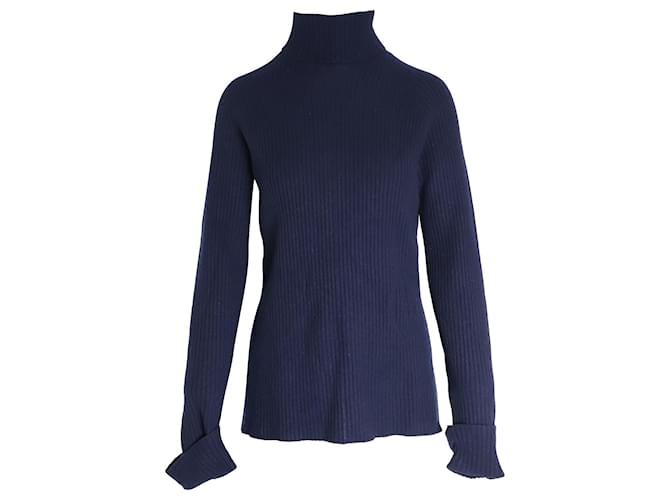 Chloé Chloe Turtleneck Ribbed Knit Sweater in Navy Blue Virgin Wool  ref.1015024