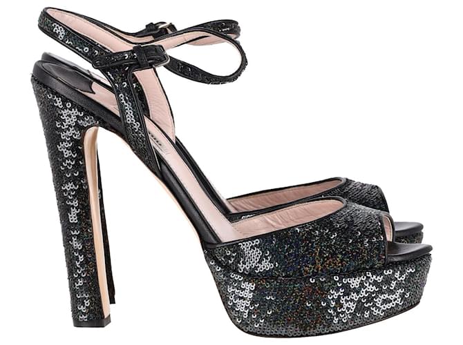 Miu Miu Platform Sandals in Black Sequin  ref.1015039