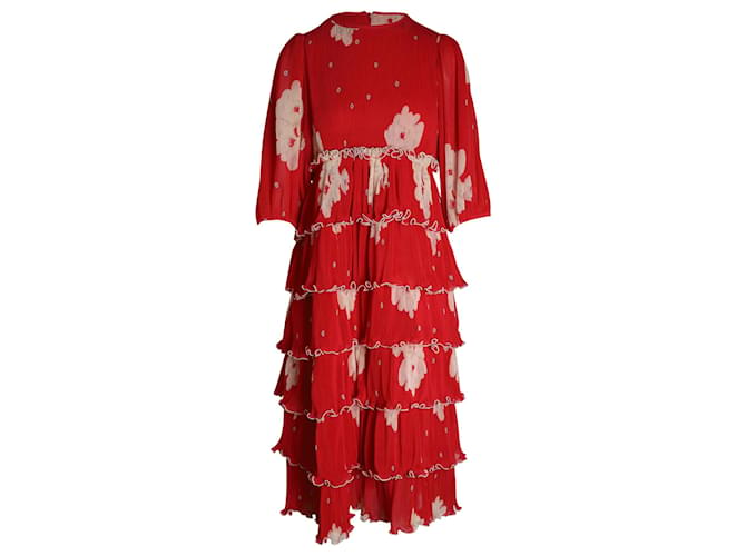 Robe midi à volants Ganni en polyester recyclé à imprimé floral rouge  ref.1015068