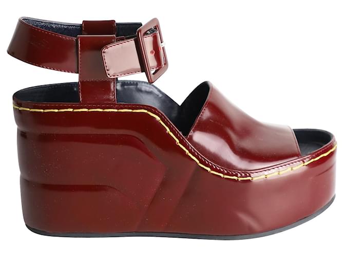 Céline Celine Ankle Strap Wedge Sandals in Burgundy Patent Leather Dark red  ref.1015084