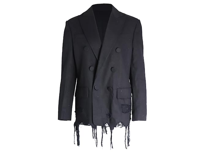 Alexander Wang Distressed Hem Double-Breasted Blazer in Black Cotton  ref.1015087