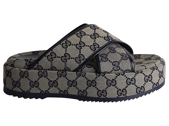 Gucci Cross Strap Angelina Platform Slides in Beige Canvas Cloth  ref.1015092