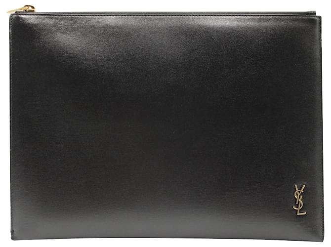 Saint Laurent Cassandre Zipped Tablet Holder in Black Shiny Leather Pony-style calfskin  ref.1015100