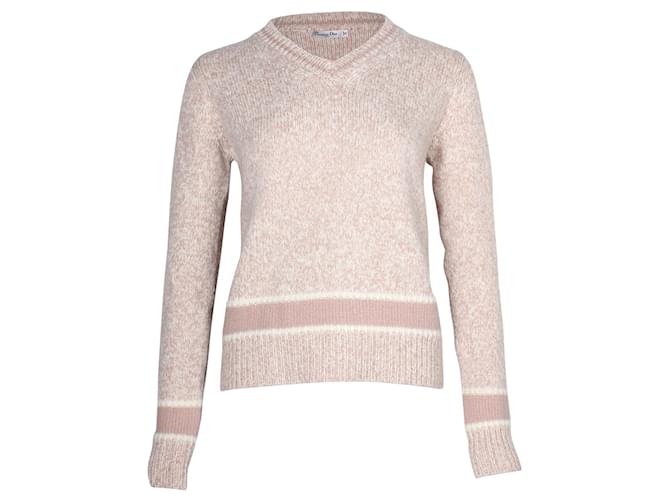 Suéter Dior Mouline com decote em V em lã rosa pastel  ref.1015128