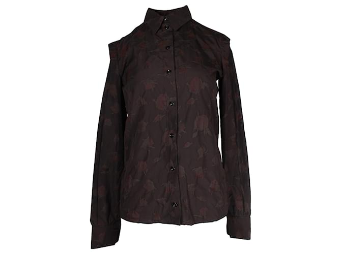 Camicia Yves Saint Laurent abbottonata con stampa rose in cotone marrone  ref.1015175