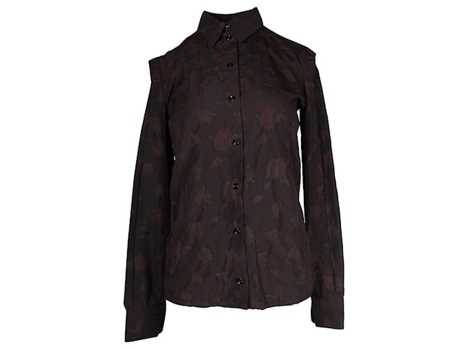 Yves Saint Laurent Chemise boutonnée à imprimé roses en coton marron  ref.1015175