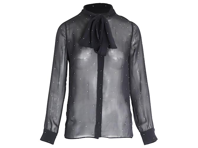 Saint Laurent Chemise transparente à nœud lavallière en soie noire  ref.1015187
