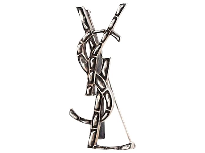 Saint Laurent Crocodile Textured YSL Brooch in Silver Metal