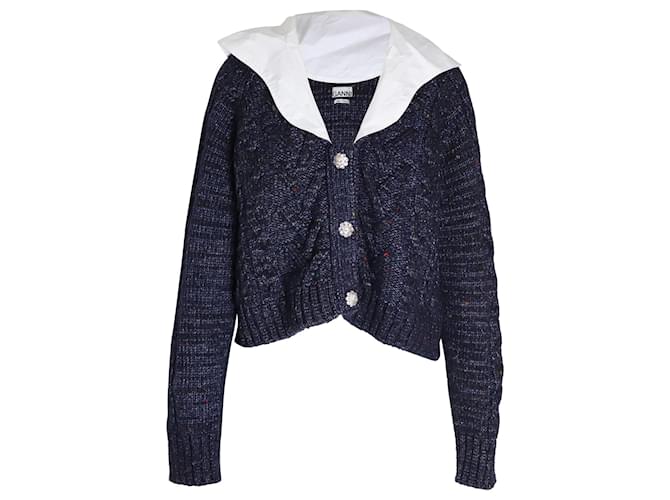 Ganni Cropped Embellished Poplin-collar Cable-knit Cardigan in Navy Blue Wool  ref.1015217