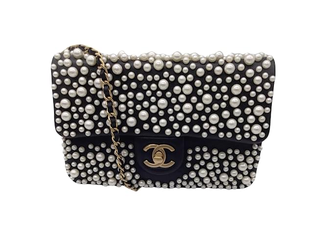 Handbags Chanel Chanel Black / Gold CC Logo Pearly Pearl Embellished Lambskin Leather Flap Bag