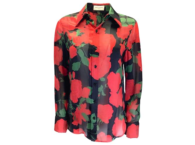 Saint Laurent negro / rojo / verde 2022 Camisa de seda con botones y estampado de rosas florales Multicolor  ref.1016253
