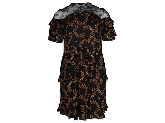 Sandro Alderic Ruffled Floral-Print Mini Dress in Black Viscose Cellulose fibre  ref.1016469