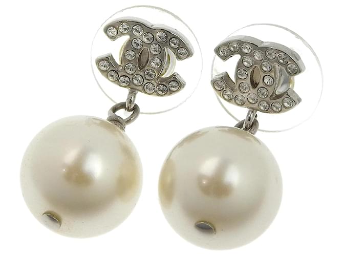 Chanel CC Rhinestone Faux Pearl Earrings Silvery Metal ref.1016518 