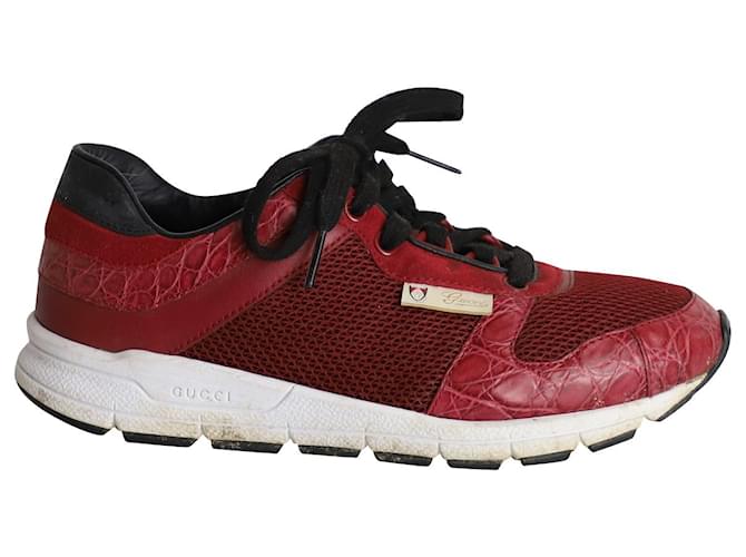 Sneakers basse Gucci Vintage con stampa coccodrillo in pelle rossa e rete Rosso  ref.1016569