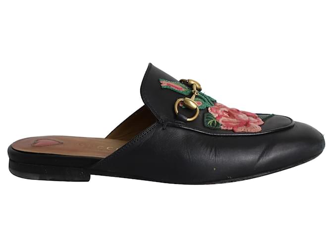 Gucci Princetown Horsebit Rose-Embroidered Flat Mules in Black Leather  ref.1016574