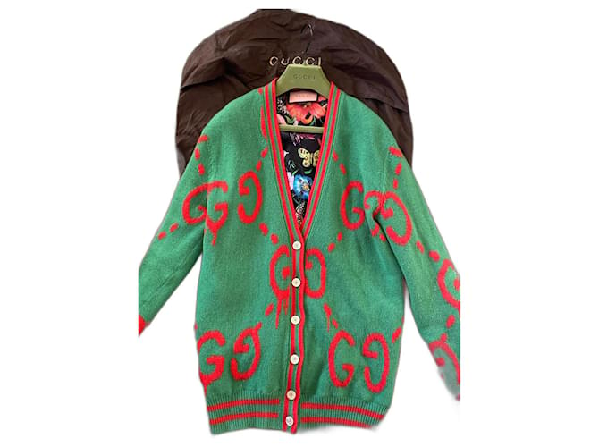 Cardigan reversibile in lana con logo GUCCI “Guccighost”./Seta Taglia XS/S Verde  ref.1016723