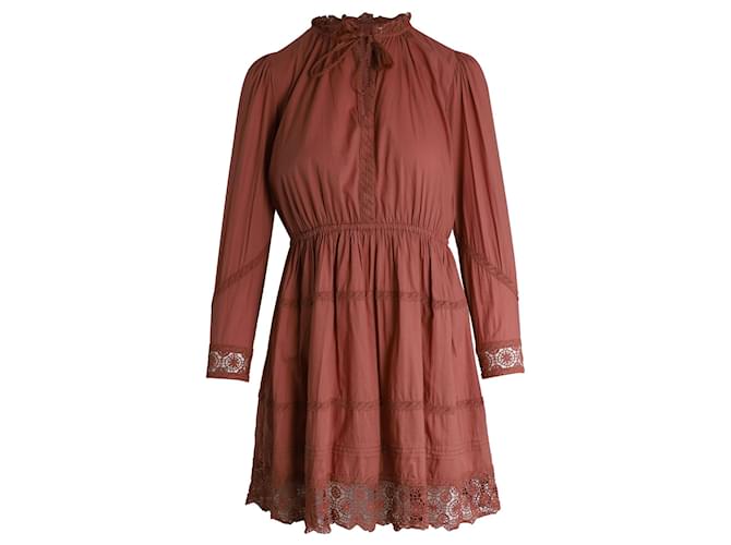 Ulla Johnson Tie-Neck Crochet-Trimmed Mini Dress in Rust Cotton Orange  ref.1017509