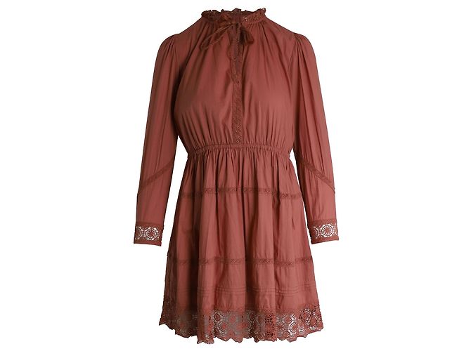 Minivestido Ulla Johnson com decote em gravata e acabamento em crochê em algodão enferrujado Laranja