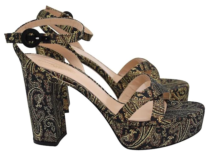 Gianvito Rossi Poppy 70 Paisley Sandals in Black and Gold Brocade Golden Cotton  ref.1017526