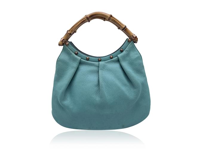 Gucci Sac Hobo à main clouté en bambou et cuir turquoise  ref.1017610