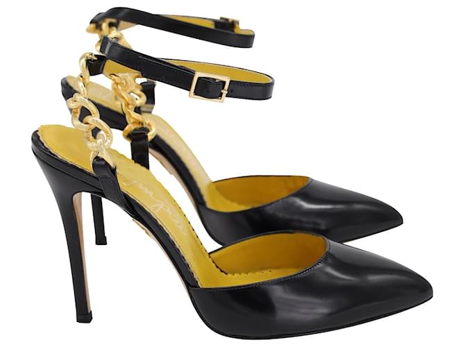 Charlotte Olympia Chain Ankle Strap Pointed-toe Pumps in Black Calfskin Leather Pony-style calfskin  ref.1017615