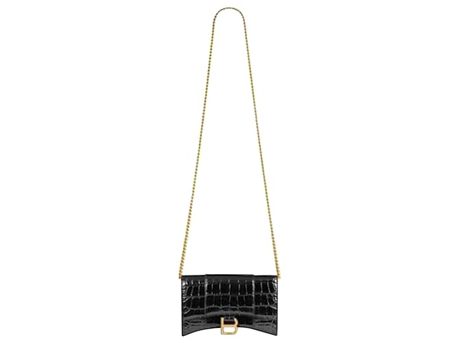 Balenciaga Croc-Embossed Hourglass Wallet On Chain in Black Calfskin Leather Pony-style calfskin  ref.1017658