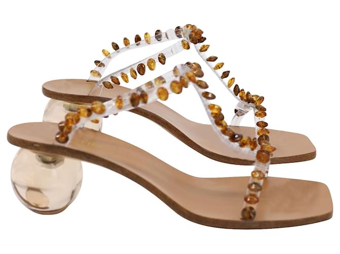 Cult Gaia Clio Bead Embellished Round Heel Sandals in Clear PVC Brown Plastic  ref.1017746