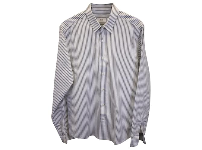 Ami Paris Striped Long Sleeve Dress Shirt in White and Navy Cotton  ref.1017783