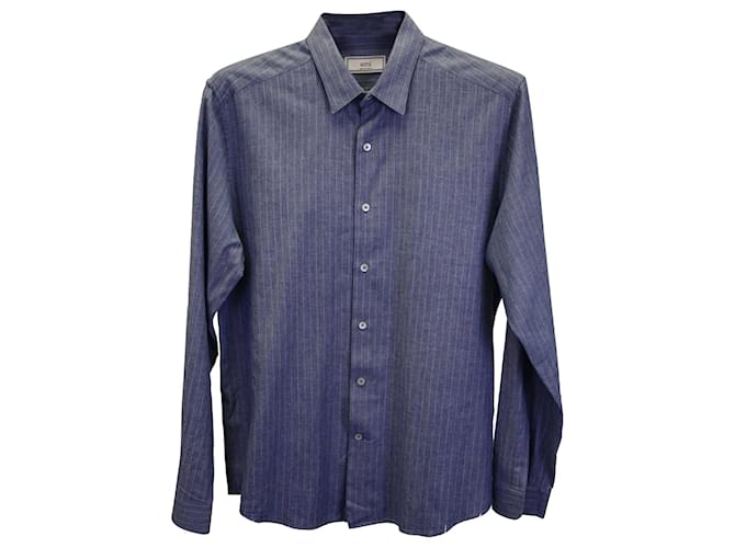 Ami Paris Striped Long Sleeve Dress Shirt in Blue Cotton  ref.1017785