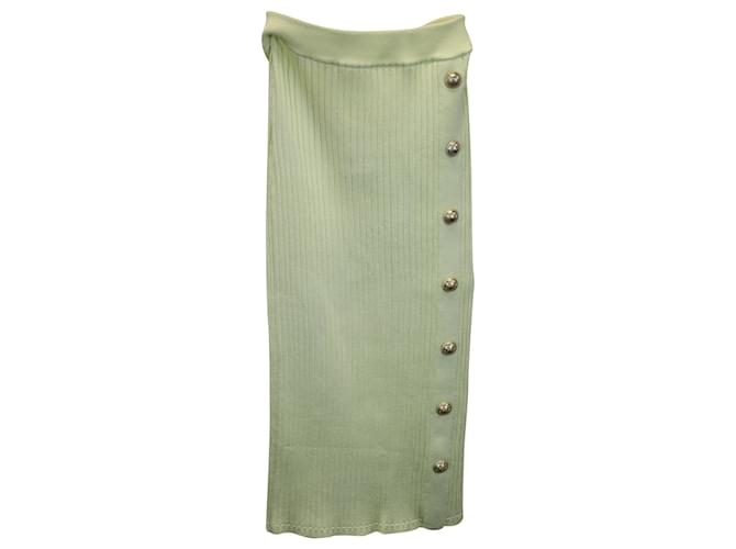 Balmain Button-Embellished Ribbed Stretch-Knit Midi Skirt in Lime Green Viscose Cellulose fibre  ref.1017829