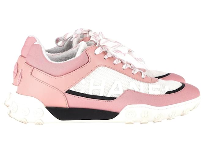 Sneakers basse Chanel CC in pelle rosa, raso, e maglia  ref.1017850
