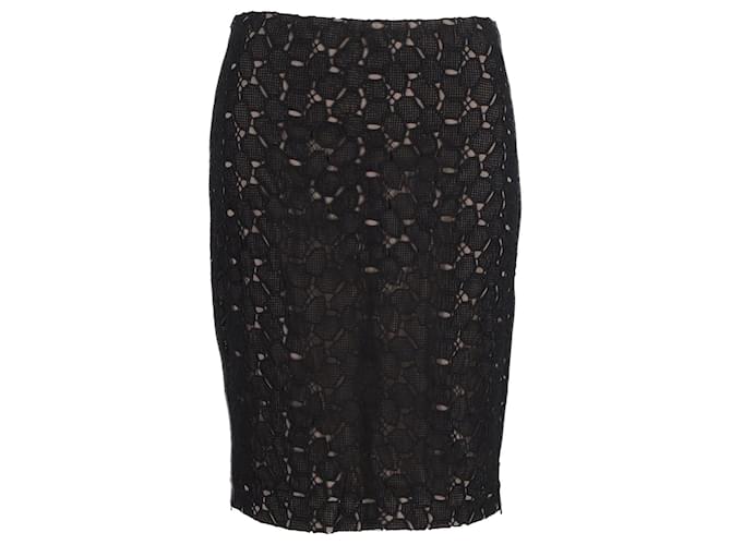 Diane Von Furstenberg Clover Lace Pencil Skirt in Black Polyester Cotton  ref.1017893