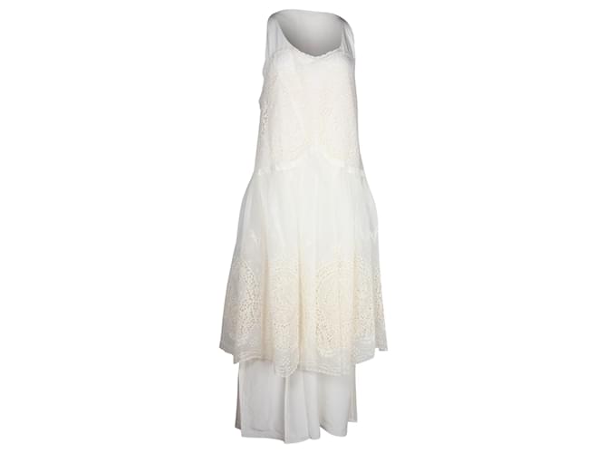 Stella Mc Cartney Vestido midi color crema con superposición de malla bordada de Stella Mccartney Blanco Crudo Seda  ref.1017911