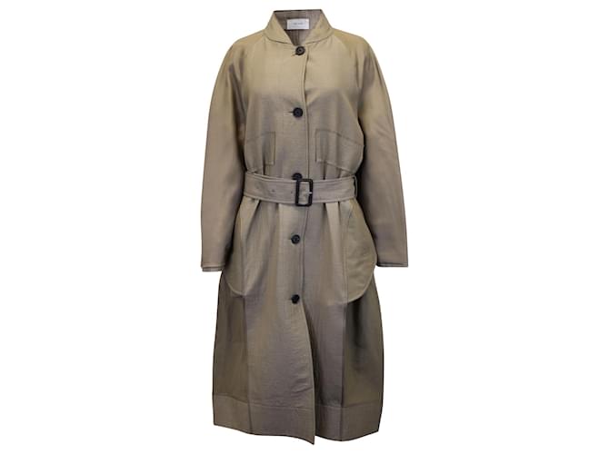 The Row Evia Belted Paneled Silk-Satin and Twill Coat in Beige Wool  ref.1018039