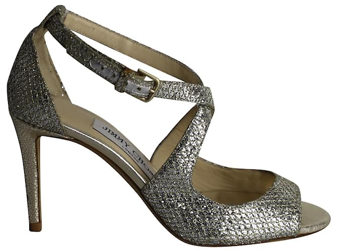 Jimmy Choo Emily 85 Sandals in Silver Glitter Silvery  ref.1018114
