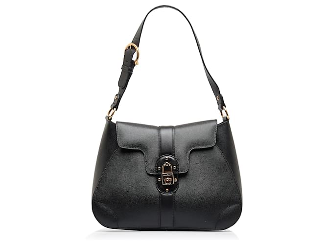 Ferragamo Black Smooth Calfskin Gancini Chain Shoulder Bag