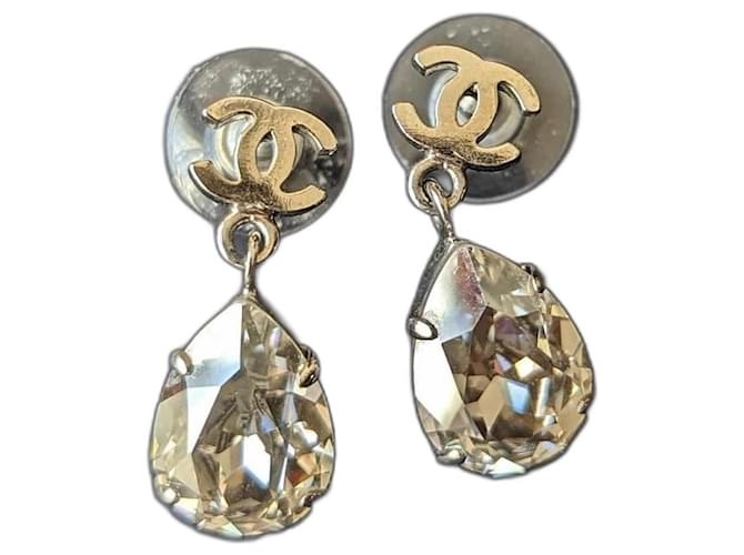 Chanel Silver Metal And Crystal CC Teardrop Earrings Available For