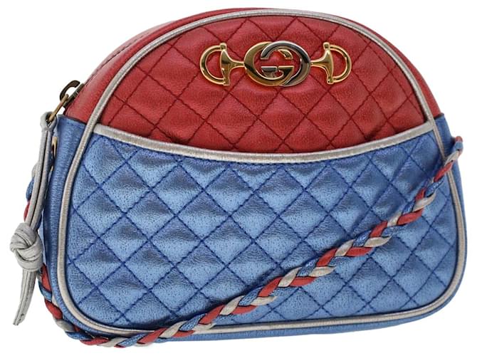 GUCCI Quilted Shoulder Bag Leather Red Blue Auth 49168  ref.1018556